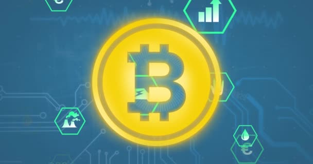 Animação Símbolo Bitcoin Ícones Digitais Processamento Dados Contra Fundo Azul — Vídeo de Stock