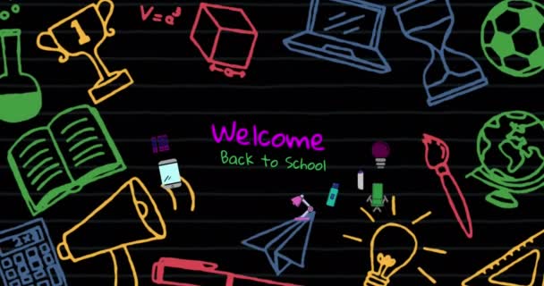 Animatie Van School Concept Iconen Welkom Terug School Tekst Banner — Stockvideo
