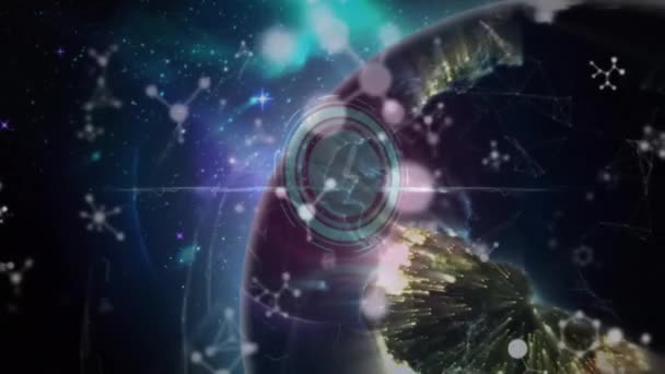 Animáció Neon Ketyegő Óra Molekuláris Struktúrák Ellen Forgó Földgömb Űrben — Stock videók