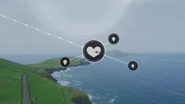 Animation Connected Icons Aerial View Road Mountain Sea Cloudy Sky — Stock Video