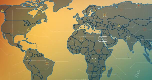 Animación Del Mapa Mundial Procesamiento Datos Sobre Fondo Gradiente Amarillo — Vídeo de stock