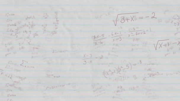 Animación Ecuaciones Matemáticas Fórmulas Flotando Sobre Fondo Papel Forrado Blanco — Vídeo de stock