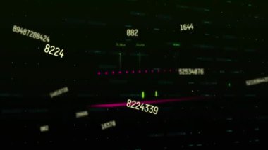Animation of multiple changing numbers and financial data processing against black background. Global finance and business technology concept