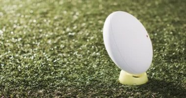 Beyaz rugby topu güneş ışığıyla aydınlatılmış çimlerin üzerinde fotokopi aletiyle, ağır çekimde. Rugby, spor, yarışma ve oyunlar dijital olarak oluşturuldu.