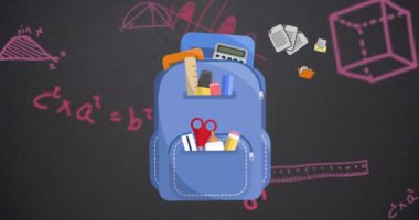 Okul çantası simgelerinin ve matematik denklemlerinin fotokopi alanı ile duman etkisine karşı animasyonu. Okul ve eğitim kavramı