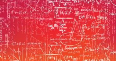 Pembe gradyan zemine karşı yüzen matematiksel denklemlerin ve formüllerin animasyonu. Okul ve eğitim kavramı