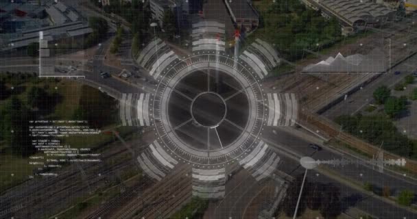 Animação Scanner Redondo Processamento Dados Contra Visão Aérea Tráfego Cidade — Vídeo de Stock