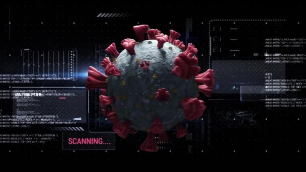 Animering Gränssnitt Med Databehandling Över Spinning Covid Cell Och Blå — Stockvideo