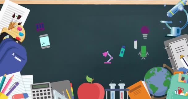 Animatie Van Meervoudige Schoolconcept Iconen Tegen Kopieerruimte Schoolbord School Onderwijsconcept — Stockvideo