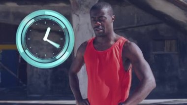 Akıllı adam kullanan Afro-Amerikan bir adamın saatinin animasyonu. Küresel bağlantılar, refah, zindelik ve dijital olarak üretilen sağlıklı yaşam tarzı konsepti.