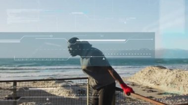 Dijital arayüzün animasyonu. Afrika kökenli Amerikalı bir adamın denizden eğitim alması üzerine. Küresel bağlantılar, refah, zindelik ve dijital olarak üretilen sağlıklı yaşam tarzı konsepti.