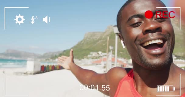 Animacja Ekranu Gry Nad Szczęśliwym Ćwiczeniem Afrykański Amerykanin Robi Wideo — Wideo stockowe