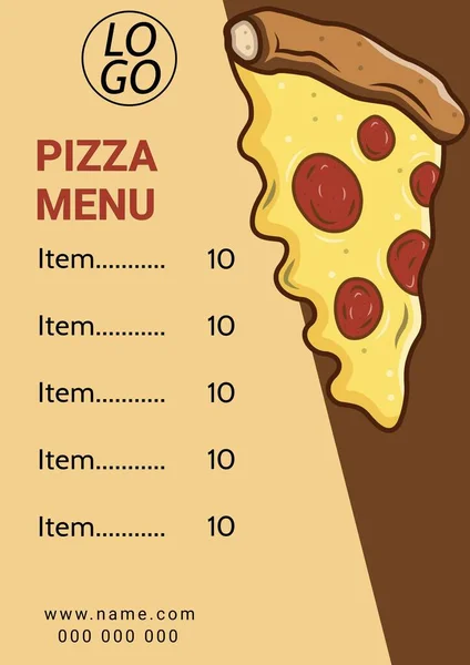 Illustration of logo pizza menu with items and prices over pizza slice on beige and brown background. Text, food, restaurant, information, infographic, template, art, design, business, marketing.