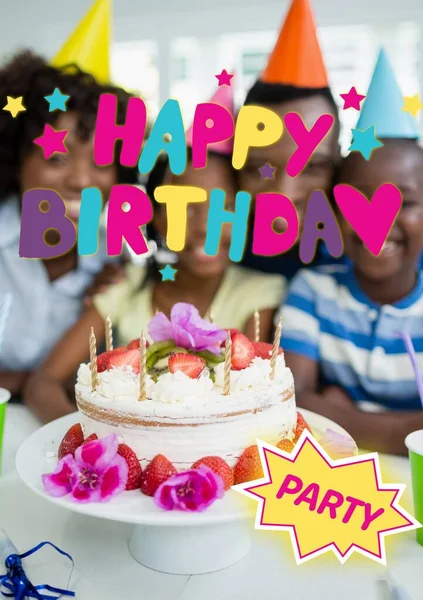 Samengesteld Uit Gelukkige Verjaardag Feesttekst Afrikaanse Amerikaanse Ouders Kinderen Met — Stockfoto