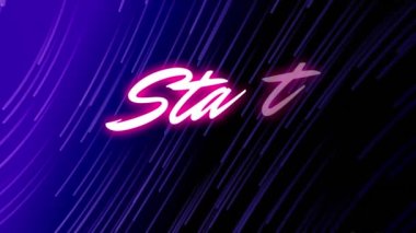 Mavi gradyan arkaplan üzerinde hareket eden ışık izlerine karşı neon başlangıç metin pankartıdır. Video oyunu arayüzü teknolojisi kavramı