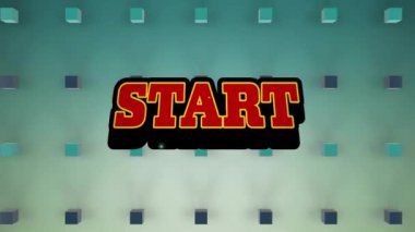 Mavi arkaplandaki 3 boyutlu kare şekillere karşı retro konuşma baloncuğu üzerine başlangıç metninin canlandırması. Video oyunu arayüzü teknolojisi kavramı