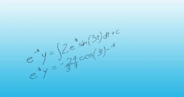 Matematiksel denklemlerin ve diyagramların mavi arkaplanla animasyonu. Dijital olarak üretilen hologram, illüstrasyon, çözümler, toplamlar, soyut ve eğitim kavramı.