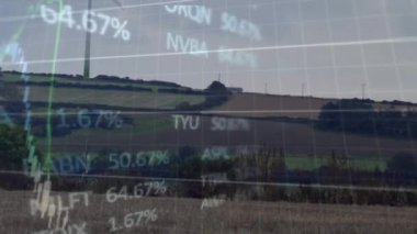 Gökyüzüne karşı yeşil alanda dönen yel değirmeninin üzerinde grafiklerin ve alım satım tahtalarının animasyonu. Dijital bileşik, çoklu pozlama, rapor, iş dünyası, borsa, sürdürülebilir ve teknoloji kavramı.