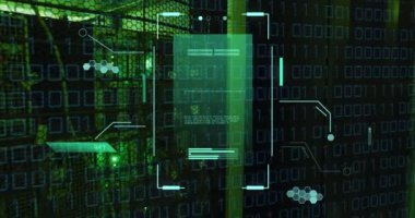 Bilgisayar sunucuları üzerinden veri işleme animasyonu. küresel hesaplama, dijital arayüz ve dijital olarak oluşturulmuş video işleme kavramı.