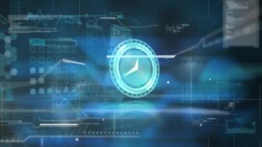 Animation of neon ticking clock and data processing against blue background. Computer interface and business technology concept