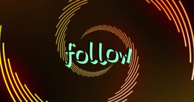 Gradyan arkaplana karşı dönen ışık yollarının üzerindeki metin afişini takip et. Sosyal medya ağı ve iş teknolojisi kavramı