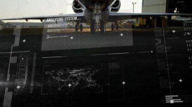 Havaalanındaki uçaklara karşı veri işleme arayüzünün animasyonu. İş verileri ve havacılık teknolojisi kavramı