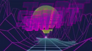 Başlangıç metninin dağların üzerinden başlaması ve güneşin siyah zemine vurması. Dijital olarak üretilmiş, hologram, illüstrasyon, başlangıç, manzara, video oyunu, üç boyutlu ve teknoloji kavramı.