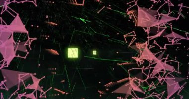 Neon yeşil kare şekillerinin animasyonu, ışık yolları ve siyah arkaplan üzerindeki bağlantı ağı. Araştırma ve bilim teknolojisi kavramı