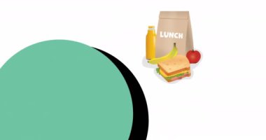 Beyaz arka planda fotokopi alanı olan yuvarlak afiş üzerinde yemek öğeleri simgesi canlandırması. Okul ve eğitim kavramı