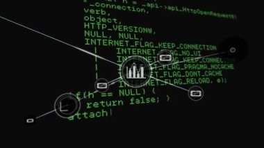 Grafik ve cep telefonu animasyonları bilgisayar dili üzerinden siyah arkaplana bağlı simgeler. Dijital olarak üretilmiş, hologram, illüstrasyon, iletişim, rapor, iş dünyası, kodlama ve teknoloji.