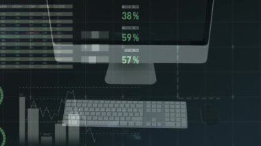 Masaüstü ve klavye genel görünümü üzerinde çok renkli bilgi arayüzü canlandırması.