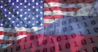 Rusya bayrağı ve Amerika Birleşik Devletleri üzerinde ikili kodlama animasyonu. Küresel hesaplama, dijital arayüz ve veri işleme kavramı dijital olarak oluşturulmuş video.