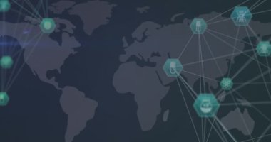 Mavi arka planda dünya haritasında dönen iki dünya tıbbi ikonu animasyonu. Tıbbi araştırma ve bilim teknolojisi kavramı