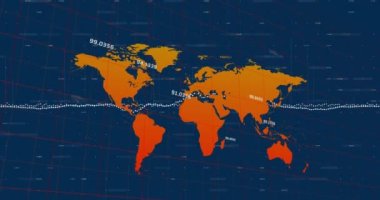 Bilgisayar diline karşı sayı ve grafiklerin çizgi üzerindeki animasyonu ve haritası. Dijital olarak üretilmiş, hologram, illüstrasyon, küresel, rapor, iş dünyası, kodlama ve teknoloji kavramı.