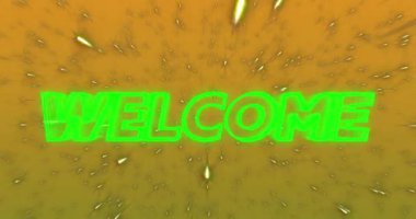 Neon yeşili hoş geldin mesajı pankartı ve sarı arka planda uçan beyaz noktaların animasyonu. Video oyunu arayüzü teknolojisi kavramı
