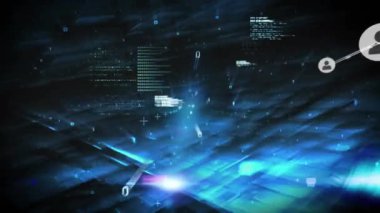 İkili kodlar üzerine bağlı simgelerin animasyonu ve soyut şablon üzerine bilgisayar dili. Dijital olarak üretilmiş, hologram, illüstrasyon, iletişim, kodlama ve teknoloji kavramı.