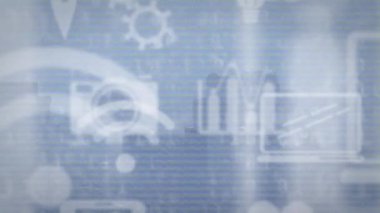 Arka plandaki modern binaların üzerindeki birden fazla bilgisayar simgesinin animasyonu. Dijital bileşik, çoklu pozlama, rapor, iş dünyası, fikirler, mimari ve teknoloji kavramı.