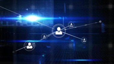 Siyah arkaplanda yükleme çubukları, bilgisayar dili, lens parlamaları üzerine bağlı simgelerin canlandırılması. Dijital olarak üretilmiş, hologram, illüstrasyon, iletişim, ilerleme, kodlama ve teknoloji kavramı.