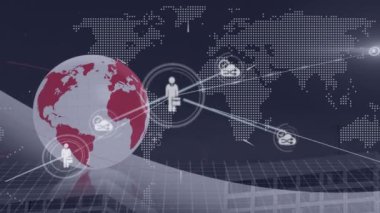 Dönen dünya üzerinde bağlı simgenin canlandırılması, binalara karşı haritalar ve mercek parlaması. Dijital bileşik, çoklu pozlama, mimari, küreselleşme, iletişim ve teknoloji kavramı.
