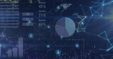 Animation of network of profile icons and statistical data processing against blue background. Global networking and business data technology concept