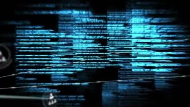 Siyah arkaplana karşı aydınlatılmış döngü bilgisayar dili üzerine bağlı simgelerin canlandırılması. Dijital olarak üretilmiş, hologram, illüstrasyon, iletişim, soyut, kodlama ve teknoloji kavramı.