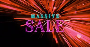 Siyah arkaplana karşı neon renkli devasa satılık metin afişi ve pembe parlayan ışık izleri animasyonu. İndirim ve perakende iş konsepti