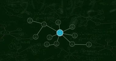 Profil simgelerinin ve matematiksel denklemlerin yeşil arkaplandaki ağının animasyonu. Küresel ağ ve eğitim teknolojisi kavramı