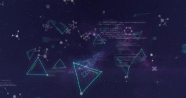 Mor arkaplandaki neon ticaret şekilleri, veri işleme ve moleküler yapıların animasyonu. Bilgisayar arayüzü ve iş teknolojisi kavramı