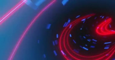 Fotokopi uzayı olan mavi arkaplan üzerinde kusursuz desenli neon tüneli animasyonu. Teknoloji arka plan kavramı