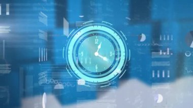 Animation of neon ticking clock and data processing against blue background. Computer interface and business technology concept