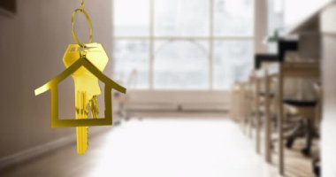 Sınıfın iç kısımlarına karşı altın evin anahtarlarını asmanın animasyonu. İç tasarım ve emlak konsepti