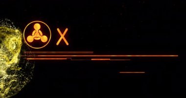 Kırmızı uyarı afişi ve siyah arka planda parlayan sarı dijital dalgaların animasyonu. Küresel acil durum ve farkındalık kavramı