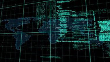 Bilgisayar dili üzerinden ızgara deseninin animasyonu ve siyah arkaplan ile haritanın karşılaştırılması. Dijital olarak üretilmiş, hologram, illüstrasyon, küresel, üç boyutlu, kodlama ve teknoloji konsepti.
