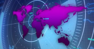 Mor harita ve radar üzerinde numaraların canlandırılması soyut arkaplandaki şebeke modeline karşı. Dijital olarak üretilen, hologram, illüstrasyon, aydınlatma, sonar, soyut ve küresel konsept.